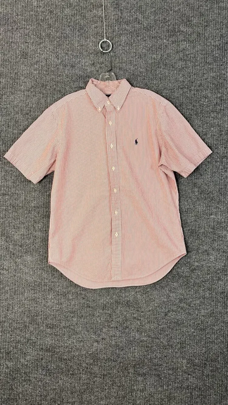Ralph Lauren Button Down Shirt Mens Medium Red White Striped Seersucker Preppy